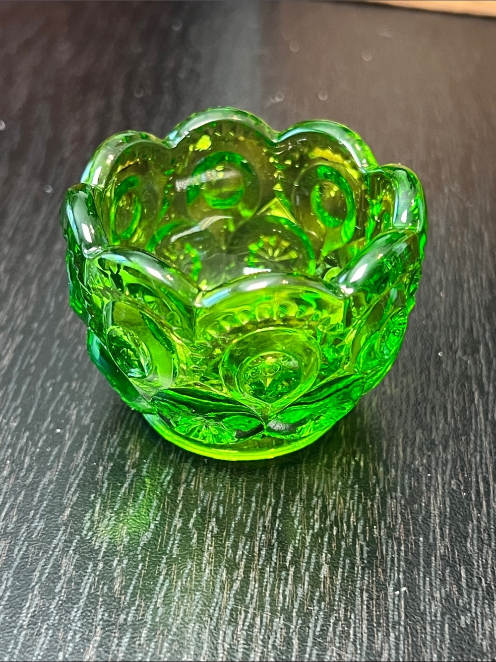 Vintage LE Smith Moon and Stars Green Glass Salt Cellar Salt Dip Ring Dish